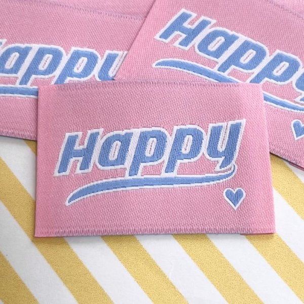 画像1: ステッカー風刺繍タグ　Happy　ピンク (1)